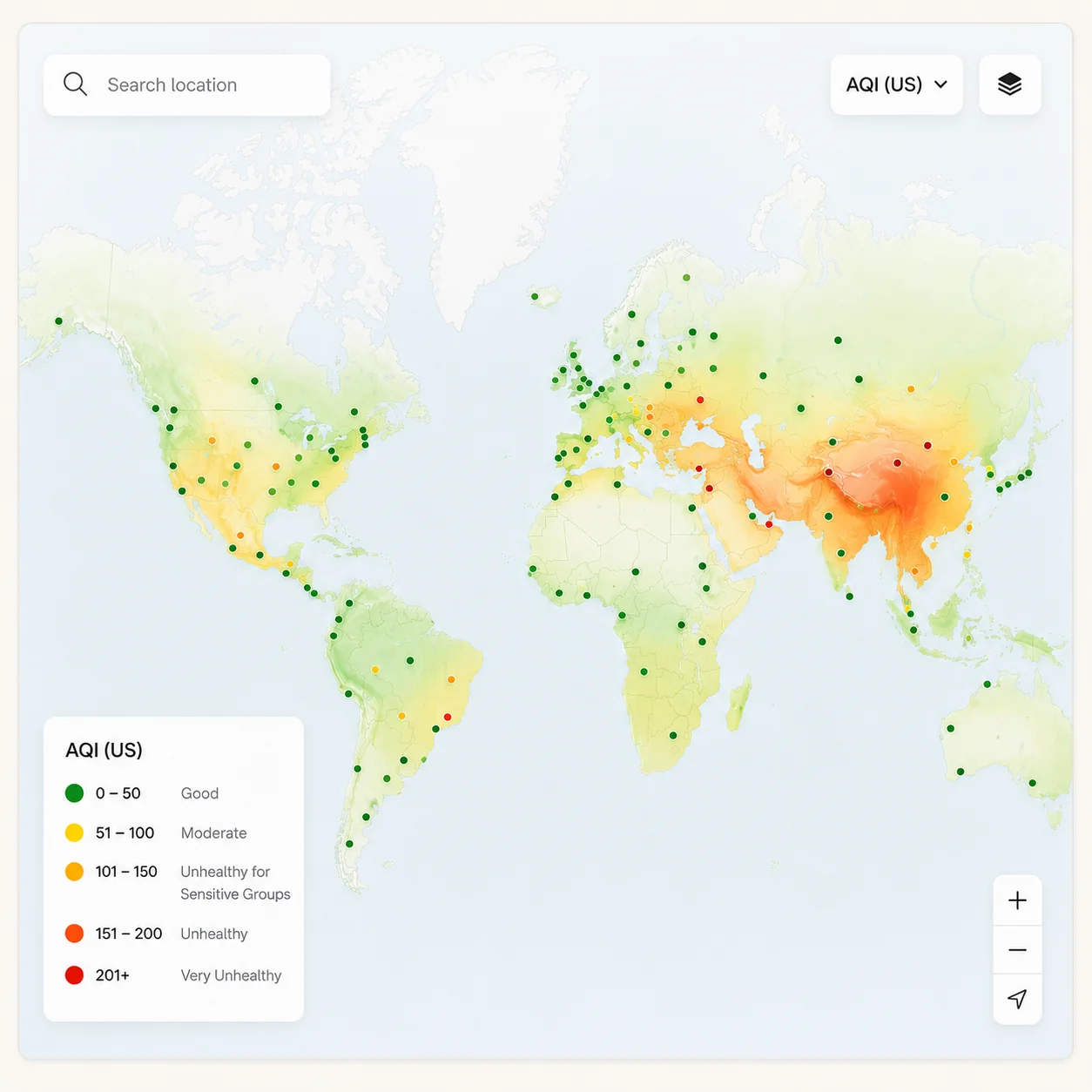 World air-quality map with live station readings