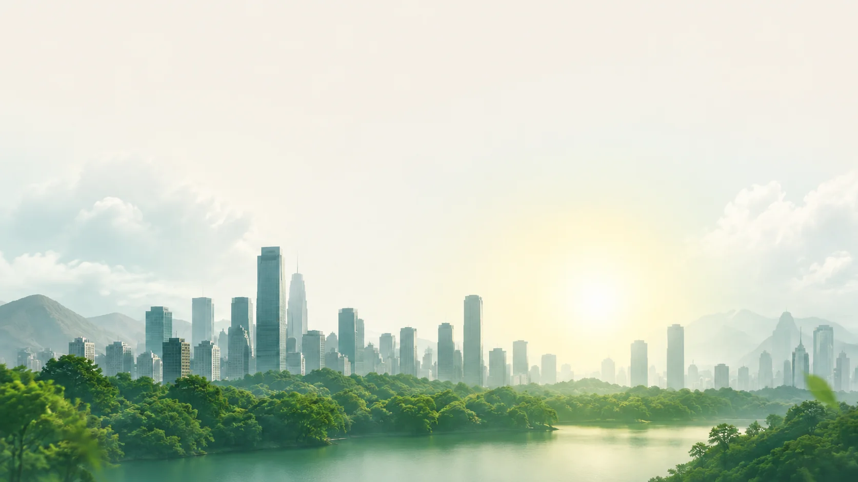 A green city skyline under clean air at golden hour